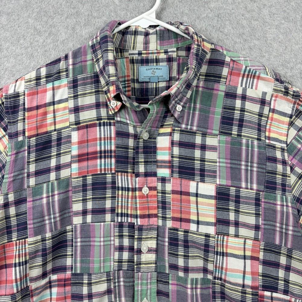 Castaway Nantucket Patchwork Madras Shirt Mens Medium Short Sleeve Plaid Coastal - Picture 2 of 9